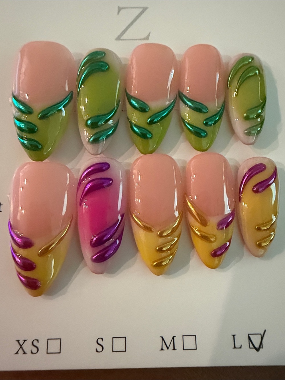 Hand made acrylic press -On Nail Set with Pink, Green, Yellow & Purple Accents